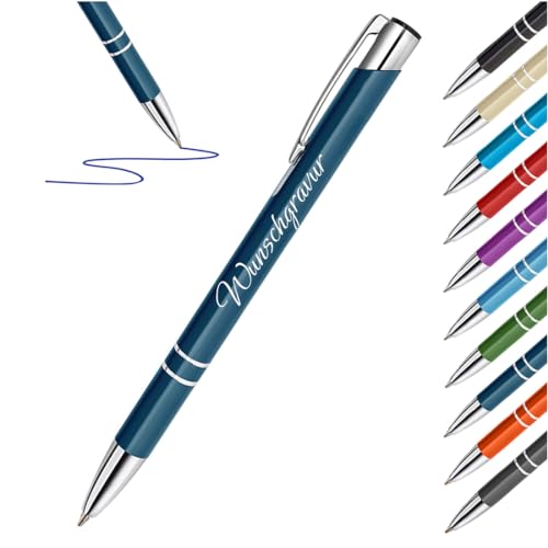 1 Stück Blauer Metall Kugelschreiber mit Gravur - Schreibstift Büro, Home Office, Schule und Uni - Geschenk zum Geburtstag - Stift mit blauer Mine von polar-effekt