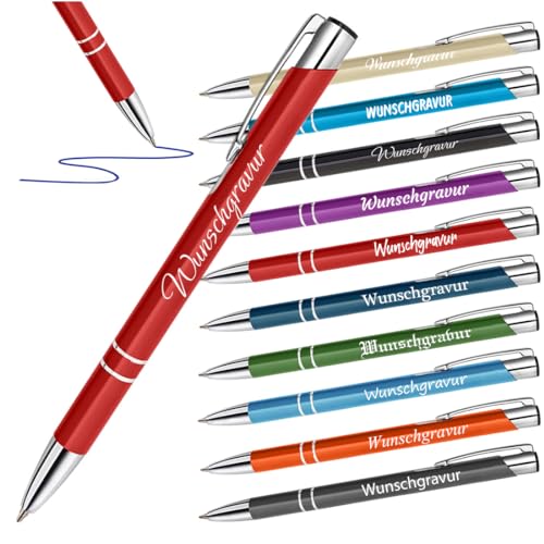 10 Stück Metall Kugelschreiber Rot mit Gravur - mit Namen personalisiert - Werbekugelschreiber mit rutschfestem Griff - für Firmen - blaue Mine von polar-effekt