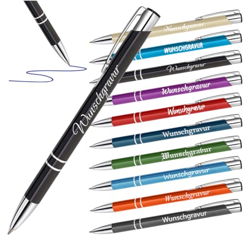 10 Stück Metall Kugelschreiber Schwarz mit Gravur - Stifte für Büro, Schule und Uni - als Geschenk für Freunde, Familie und Kollegen - blaue Mine von polar-effekt