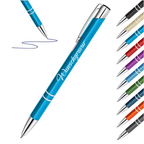 Metall Kugelschreiber ergonomisch mit Gravur - Kuli mit Wunschtext - Geschenk zum Geburtstag und Jubiläum - für Schule, Uni und Firmen - Farbe Türkis von polar-effekt
