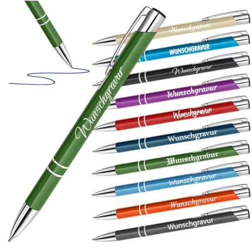 10 Stück Kugelschreiber in Grün mit Gravur - Geschenke zum Jubiläum und Geburtstag - Werbegeschenk mit Wunschtext - für Büro und Uni - Blaue Mine von polar-effekt