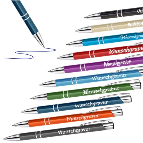 polar-effekt 10 Stück Metall Kugelschreiber mehrfarbig mit Gravur - Stifte für Büro, Home Office und Schule - Büroartikel für Firmen - austauschbare blaue Mine von polar-effekt
