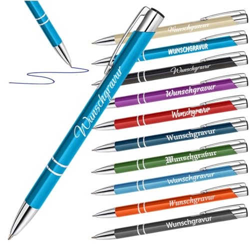 polar-effekt 10 Stück Metall Kugelschreiber Türkis mit Gravur - Druckkugelschreiber für Weihnachten, Jubiläum und Büro - Werbeartikel für Firmen - blaue Mine von polar-effekt