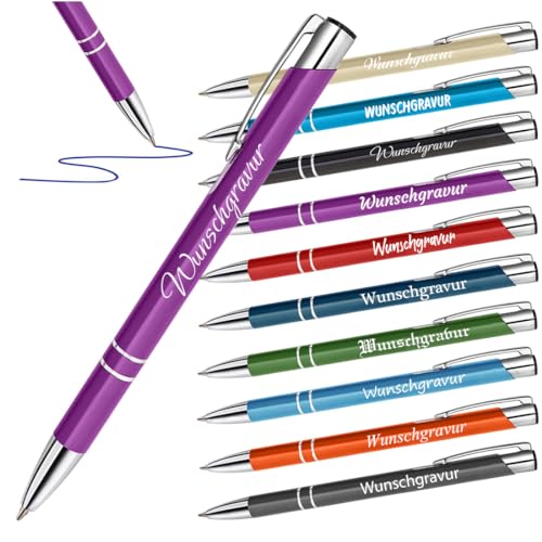polar-effekt 10 Stück Metall Kugelschreiber mit Gravur - Stifte mit Namen - Geschenke für Freunde, Kollegen und Familie - Büroartikel für Fimen - Farbe Lila von polar-effekt
