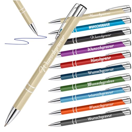 polar-effekt 1 Stück Metall Kugelschreiber in Gold mit Gravur - Stifte mit Wunschtext - Werbegeschenk für Kollegen - für Büro, Home Office und Schule - blaue Mine von polar-effekt