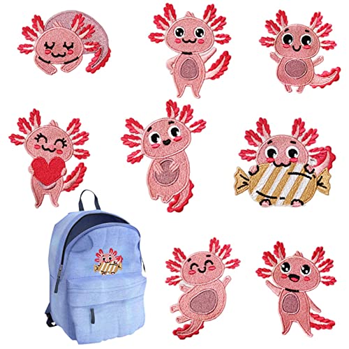pologmase Patches zum Aufbügeln mit Tieren - Axolotl Patches zur Reparatur von Kleidung - 8 Stück lustige Salamander zum Selbermachen, Geschenke für Kleidung, Jacke, Jeans, Kleid, Rucksack, Hut von Sudsty