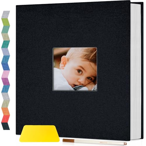 Popotop Fotoalbum, selbstklebend, mit Sichtfenster, DIY-Scrapbook-Album für 10 x 15 cm, 20 x 25 cm, Leineneinband, Erinnerungsbuch für Baby-Hochzeit, mit Schaber und Metallstift, 60 Seiten von popotop