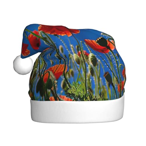 ppynte Mohnblumen auf blauem Himmel, Plüsch-Weihnachtsmannmütze, bequeme Weihnachtsmütze, passend für Weihnachten, Neujahr, Party, Kopfbedeckung, 1 Stück ppynte Mohnblumen auf blauem Himmel, Plüsch-Weihnachtsmannmütze, bequeme Weihnachtsmütze, passend für Weihnachten, Neujahr, Party, Kopfbedeckung, 1 Stück von ppynte