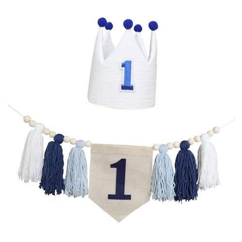 predolo Hochstuhl Banner für den ersten Geburtstag, Dekoration mit Quasten und Holzperlen, Blau von predolo