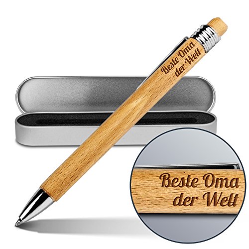 printplanet Kugelschreiber mit Namen Beste Oma der Welt - Gravierter Holz-Kugelschreiber inkl. Metall-Geschenkdose von printplanet