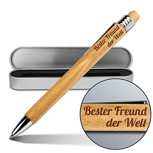 printplanet Kugelschreiber mit Namen Bester Freund der Welt - Gravierter Holz-Kugelschreiber inkl. Metall-Geschenkdose von printplanet