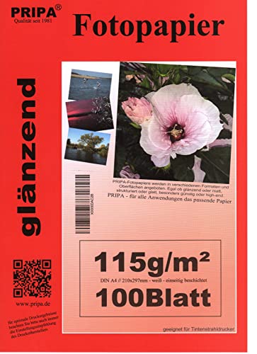 pripa 100 Blatt Fotopapier DIN A4, 115g/qm, extra leicht leicht - dünn, Glossy glaenzend -sofort trocken -wasserfest-hochweiß-sehr hohe Farbbrillianz, Fuer Inkjet Tinten Drucker von pripa