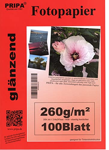 pripa 100 Blatt Fotopapier DIN A4, 260g/qm, high -glossy glaenzend -sofort trocken -wasserfest-hochweiß-sehr hohe Farbbrillianz, fuer InkJet - Tinten Drucker von pripa