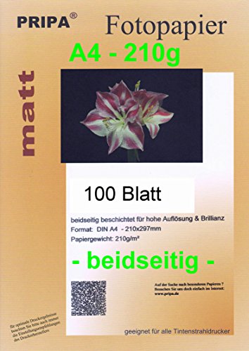 pripa 100 Blatt InkJet Fotopapier - matt beidseitig beschichtet - ohne Glanz -DIN A4-210x297-210g - Tintenstrahldrucker von pripa