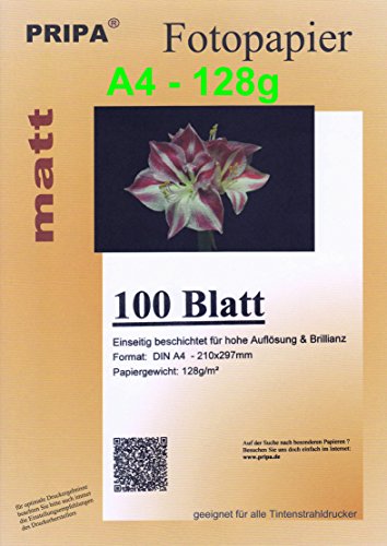 pripa 100 Blatt InkJet Fotopapier - matt beschichtet - OHNE Glanz - DIN A4-128g - Tintenstrahldrucker von pripa