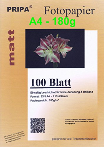 pripa 100 Blatt InkJet Fotopapier - matt beschichtet - ohne Glanz - DinA4-210 x 297 mm - 180g - Tintenstrahldrucker von pripa