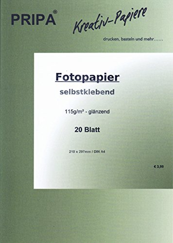 pripa 20 Blatt InkJet Fotopapier - selbstklebend - glossy glanz beschichtet - DinA4-210 x 297 mm - 115g - Tintenstrahldrucker von pripa