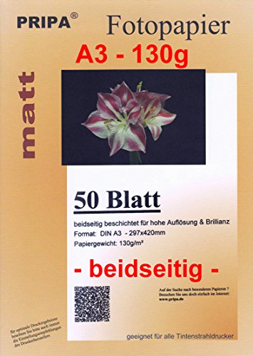 pripa 50 Blatt InkJet Fotopapier - matt beidseitig beschichtet - OHNE Glanz - DIN A3-130g - Tintenstrahldrucker von pripa