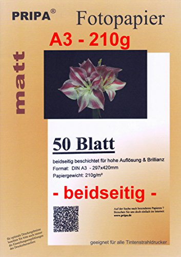 pripa 50 Blatt InkJet Fotopapier - matt beidseitig beschichtet - OHNE Glanz - DIN A3-210g - Tintenstrahldrucker pripa 50 Blatt InkJet Fotopapier - matt beidseitig beschichtet - OHNE Glanz - DIN A3-210g - Tintenstrahldrucker von pripa