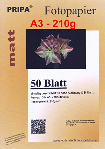 pripa 50 Blatt InkJet Fotopapier - matt beschichtet - OHNE Glanz - DIN A3-210g - Tintenstrahldrucker von pripa
