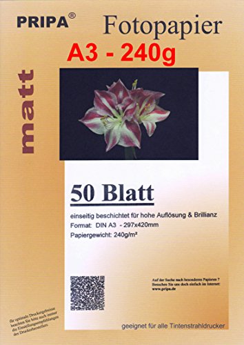 pripa 50 Blatt InkJet Fotopapier - matt beschichtet - OHNE Glanz - DIN A3-240g - Tintenstrahldrucker pripa 50 Blatt InkJet Fotopapier - matt beschichtet - OHNE Glanz - DIN A3-240g - Tintenstrahldrucker von pripa