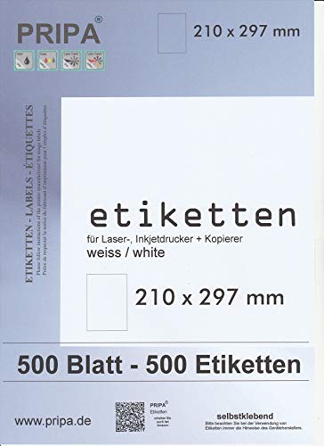 pripa 500 Etiketten 210 x 297 mm A4 Großpackung vollflächig selbstklebend weiß - allround Qualität … (500) von pripa