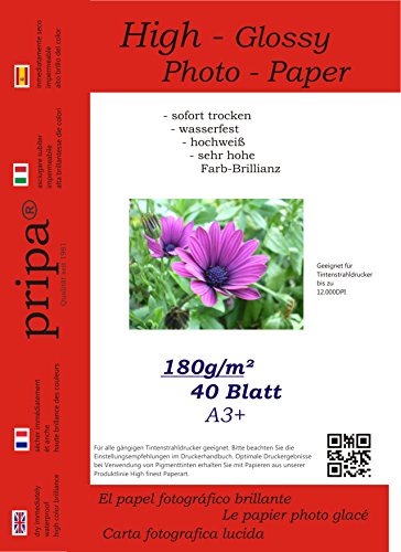 pripa - A3+ - 40 Blatt Fotopapier Photopapier DIN - A 3 + - 180g/qm - glossy glaenzend - sofort trocken - wasserfest - hochweiß - sehr hohe Farbbrillianz fuer InkJet Drucker Tintenstrahldrucker von pripa