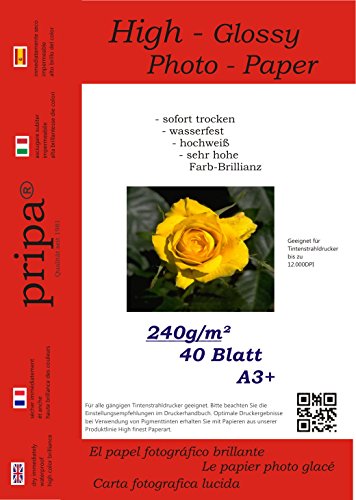 pripa - A3+ - 40 Blatt Fotopapier Photopapier DIN - A 3 + - 240g/qm - glossy glaenzend - sofort trocken - wasserfest - hochweiß - sehr hohe Farbbrillianz fuer InkJet Drucker Tintenstrahldrucker von pripa