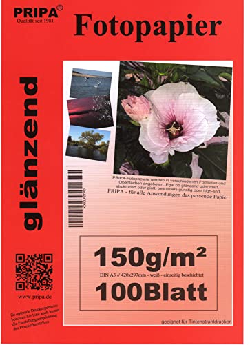 pripa - A3-100 Blatt Fotopapier Photopapier DIN - A 3-150g/qm - glossy glaenzend - sofort trocken - wasserfest - hochweiß - sehr hohe Farbbrillianz fuer InkJet Drucker Tintenstrahldrucker von pripa