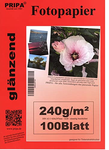 pripa - A3-100 Blatt Fotopapier Photopapier DIN - A 3-240g/qm - glossy glaenzend - sofort trocken - wasserfest - hochweiß - sehr hohe Farbbrillianz fuer InkJet Drucker Tintenstrahldrucker von pripa