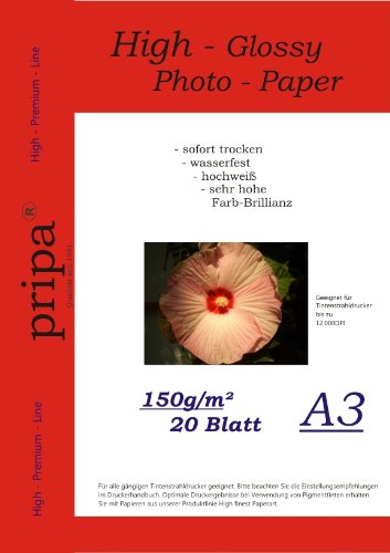 A3 pripa 20 Blatt Fotopapier Photopapier DIN - A 3-150g/qm - glossy (glaenzend) - sofort trocken - wasserfest - hochweiß - sehr hohe Farbbrillianz fuer InkJet Drucker (Tintenstrahldrucker). von pripa