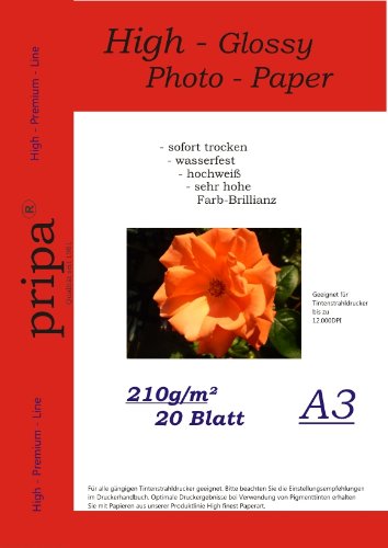 pripa A3 20 Blatt Fotopapier Photopapier DIN A 3-210g /qm - Glossy Glanz - sofort trocken - wasserfest - hochweiß - sehr hohe Farbbrillianz Fuer Inkjet - Tinten - Drucker von pripa