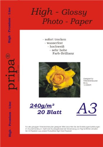 A3 pripa 20 Blatt Fotopapier Photopapier DIN - A 3-240g/qm - glossy (glaenzend) - sofort trocken - wasserfest - hochweiß - sehr hohe Farbbrillianz fuer InkJet Drucker (Tintenstrahldrucker). von pripa