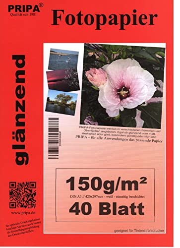 pripa A3 40 Blatt Fotopapier Photopapier 150g/qm - Glossy Glanz - sofort trocken - wasserfest - hochweiß - sehr hohe Farbbrillianz Fuer Inkjet - Tinten Drucker von pripa