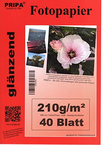 pripa A3 40 Blatt Fotopapier Photopapier DIN - A 3-210g/qm - Glossy Glanz - sofort trocken - wasserfest - hochweiß - sehr hohe Farbbrillianz Fuer Inkjet Drucker von pripa