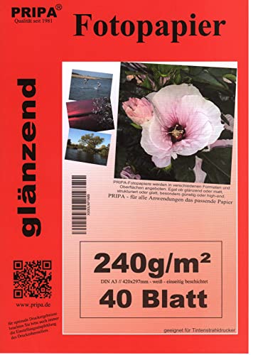 pripa - A3-40 Blatt Fotopapier Photopapier DIN - A 3-240g/qm - glossy glaenzend - sofort trocken - wasserfest - hochweiß - sehr hohe Farbbrillianz fuer InkJet Drucker Tintenstrahldrucker von pripa