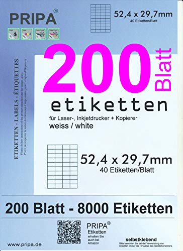 pripa - Amazon FBA Versand Etiketten 52,4 x 29,7 mm - 40 Stueck auf A4 200 Blatt DIN A4 selbstklebende Etiketten von PRIPA