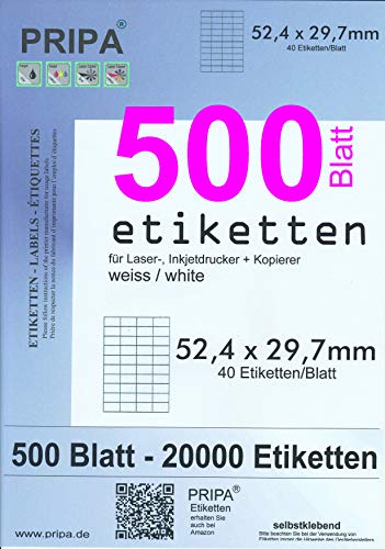 pripa - Amazon FBA Versand Etiketten 52,4 x 29,7 mm - 40 Stueck auf A4 - Großpack 500 Blatt DIN A4 selbstklebende Etiketten von PRIPA