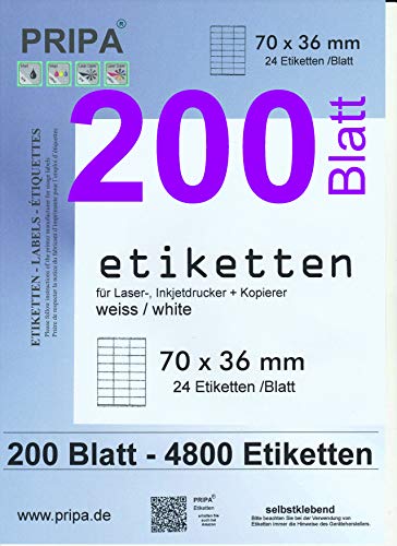 pripa - Amazon FBA Versand Etiketten 70,0 x 36,0 mm - 24 Stueck auf A4 200 Blatt DIN A4 selbstklebende Etiketten DHL Post von pripa