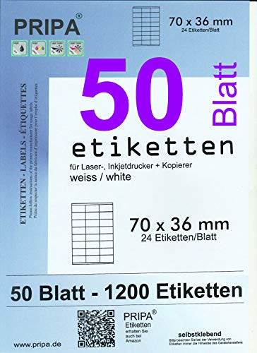 pripa - Amazon FBA Versand Etiketten 70,0 x 36,0 mm - 24 Stueck auf A4 50 Blatt DIN A4 selbstklebende Etiketten - DHL Post von pripa