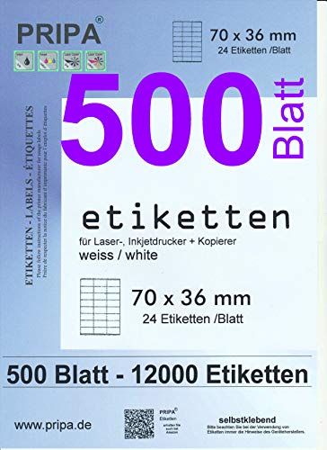 pripa - Amazon FBA Versand Etiketten 70,0 x 36,0 mm - 24 Stueck auf A4 - Maxipack 500 Blatt DIN A4 selbstklebende Etiketten DHL Post von pripa