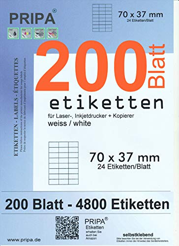 pripa - Amazon FBA Versand Etiketten 70,0 x 37,0 mm,- 24 Stueck auf A4-200 Blatt DIN A4 selbstklebende Etiketten - DHL Post von PRIPA