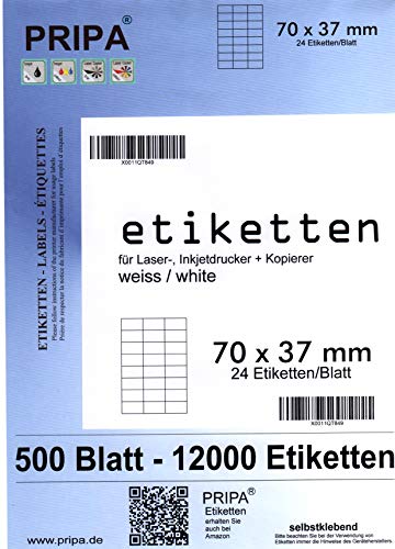 pripa - Amazon FBA Versand Etiketten 70,0 x 37,0 mm - 24 Stueck auf A4 - Großpackung 500 Blatt DIN A4 selbstklebende Etiketten - DHL Post pripa - Amazon FBA Versand Etiketten 70,0 x 37,0 mm - 24 Stueck auf A4 - Großpackung 500 Blatt DIN A4 selbstklebende Etiketten - DHL Post von PRIPA