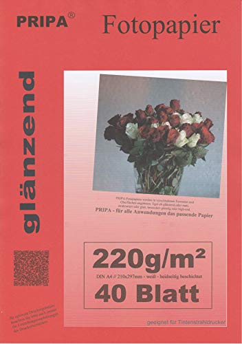 pripa BEIDSEITIG 40 Blatt Fotopapier Photopapier A4 220g/qm - beidseitig glossy (glaenzend) - sofort trocken - wasserfest - hochweiß - sehr hohe Farbbrillianz fuer InkJet (Tinten) - Drucker von pripa