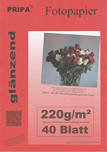 BEIDSEITIG pripa 40 Blatt Fotopapier DIN A4 220g/qm - beidseitig glossy (glaenzend) - sofort trocken - wasserfest - hochweiß - sehr hohe Farbbrillianz fuer InkJet/Tintenstrahl Drucker von pripa