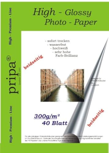 BEIDSEITIG pripa 40 Blatt Fotopapier Photopapier DIN A4 300g/qm - beidseitig glossy (glaenzend) - sofort trocken - wasserfest - sehr hohe Farbbrillianz fuer InkJet - Tinten - Drucker von pripa