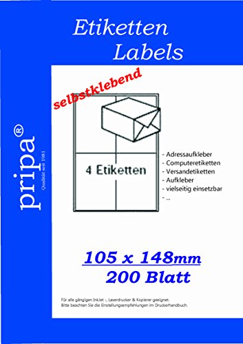 pripa Etikett 105 x 148 mm, 200 Blatt DIN A4 selbstklebende Etiketten. 4 Etiketten pro Bogen (200) von pripa