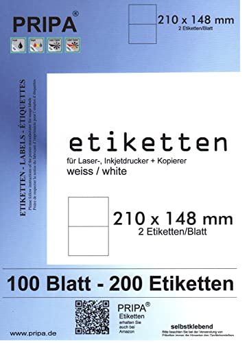 pripa Etikett 210 x 148 mm - 100 Blatt DIN A4 selbstklebende Etiketten - 200 Stück (100) von PRIPA
