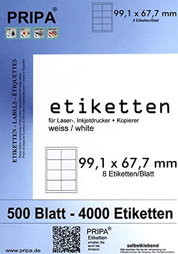 pripa - Etikett 99,1 x 67,7 mm Format - 8 Stueck auf A4 - Großpackung 500 Blatt DIN A4 selbstklebende Etiketten - DHL-Post pripa - Etikett 99,1 x 67,7 mm Format - 8 Stueck auf A4 - Großpackung 500 Blatt DIN A4 selbstklebende Etiketten - DHL-Post von pripa