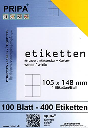 pripa - Etiketten 105 x 148-4 Stueck auf A4-100 Blatt - gelb - DIN A4 Selbstklebende Etiketten 3424 von pripa